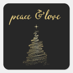 Svart och Guld Peace och Kärlek Träd Helgdag Stick Fyrkantigt Klistermärke