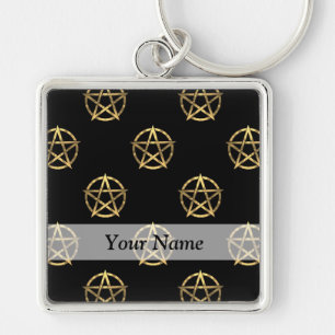 Svart och guld pentagram fyrkantig silverfärgad nyckelring