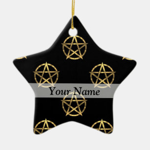 Svart och guld pentagram julgransprydnad keramik