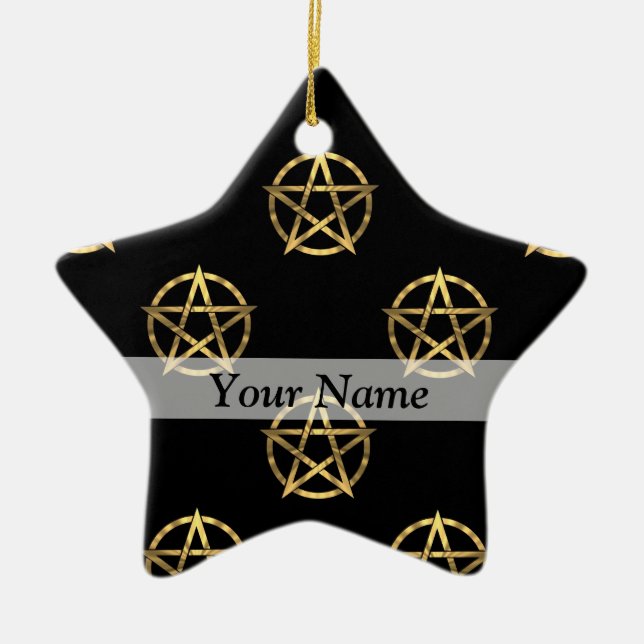 Svart och guld pentagram julgransprydnad keramik (Framsidan)