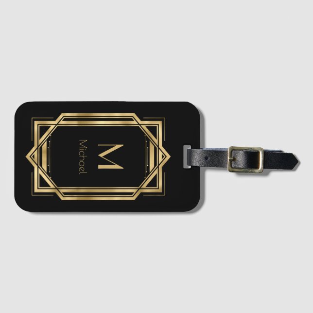 Svart och Guld Personlig Monogram | Geometrisk Bagagebricka (Framsida horisontal)