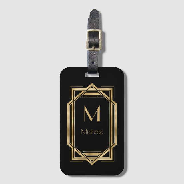Svart och guld personlig monogram | Geometrisk  Bagagebricka (Framsida vertikal)