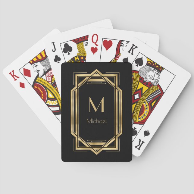 Svart och Guld Personlig Monogram | Geometrisk Casinokort (Baksidan)