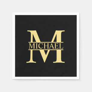 Svart och guld personlig monogram och namn pappersservett