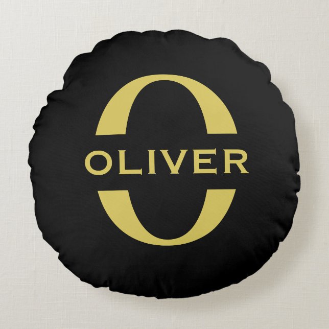 Svart och guld personlig monogram och namn rund kudde (Framsidan)
