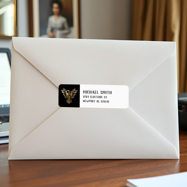 Svart och Guld Phoenix Bird Emblem Metallic look Returadress Etikett (Elegant black and gold phoenix return labels with tribal style for bold, masculine mail.)