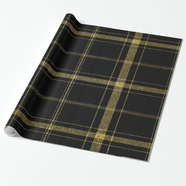 Svart och guld Plaid-03 Presentpapper (Utrullad)
