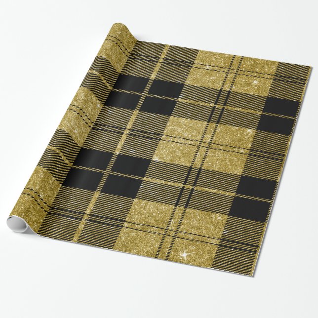 Svart och guld Plaid-04 Presentpapper (Utrullad)