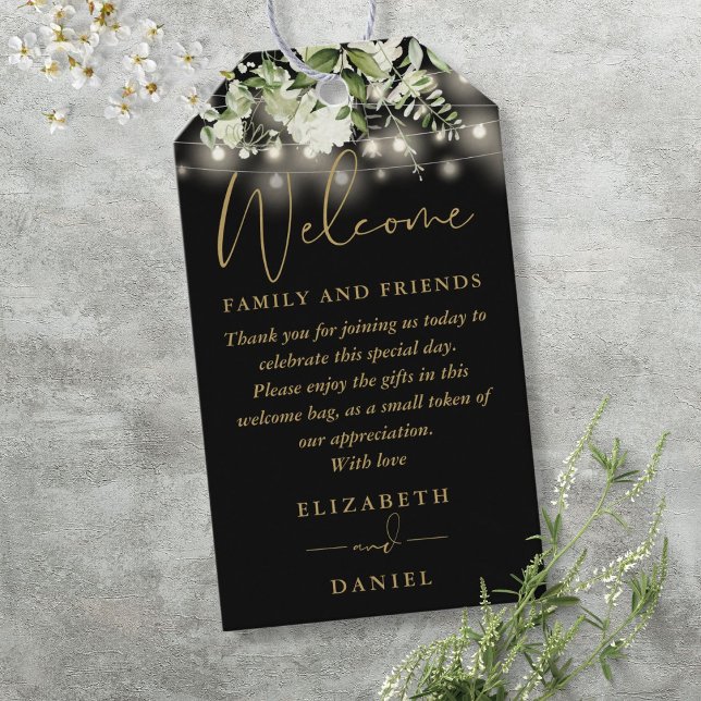 Svart och guld presentkorg för välkomstpresenter m presentetikett (Greenery Black And Gold Favor Welcome Basket Bag Gift Tags)