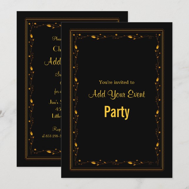 Svart och guld prydlig ram festinbjudan inbjudningar (Fram/baksida)