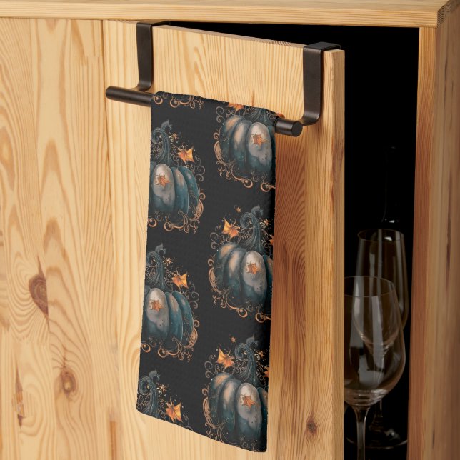 Svart och guld Pumpa Blad Mönster Halloween Kökshandduk (Thirds Fold)