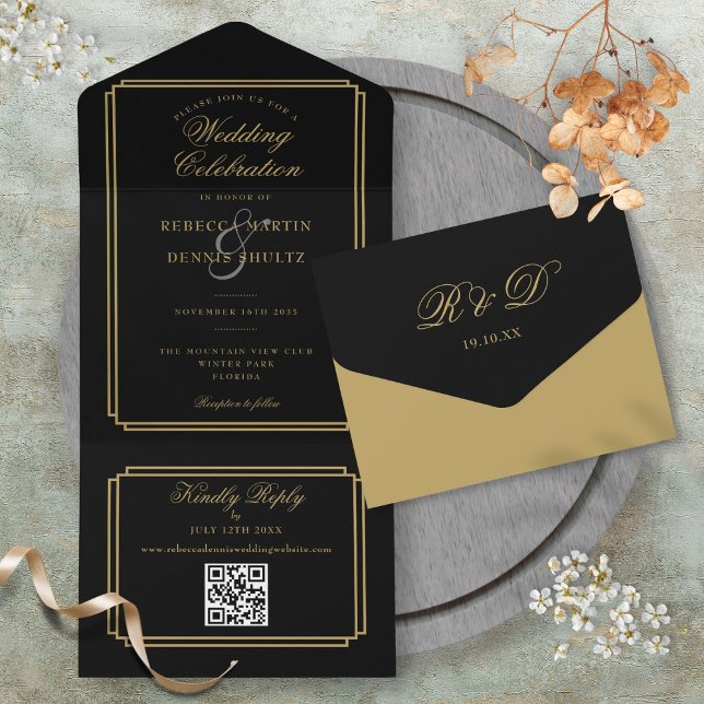 Svart och guld QR-kod Art Deco Monogram Bröllop (Black And Gold QR Code Art Deco Monogram Wedding All In One Invitation)