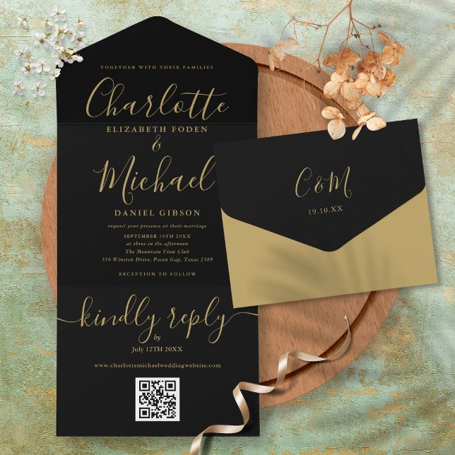 Svart och guld QR-kod Minimalistisk bröllopsinbjud (Black And Gold QR Code Minimalist Wedding All In One Invitation)
