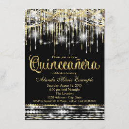 Svart och guld Quinceanera glitter glamör glans Inbjudningar