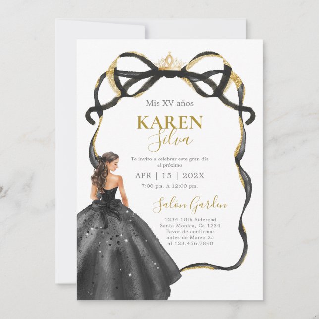 Svart och guld Quinceanera inbjudan (Framsida)