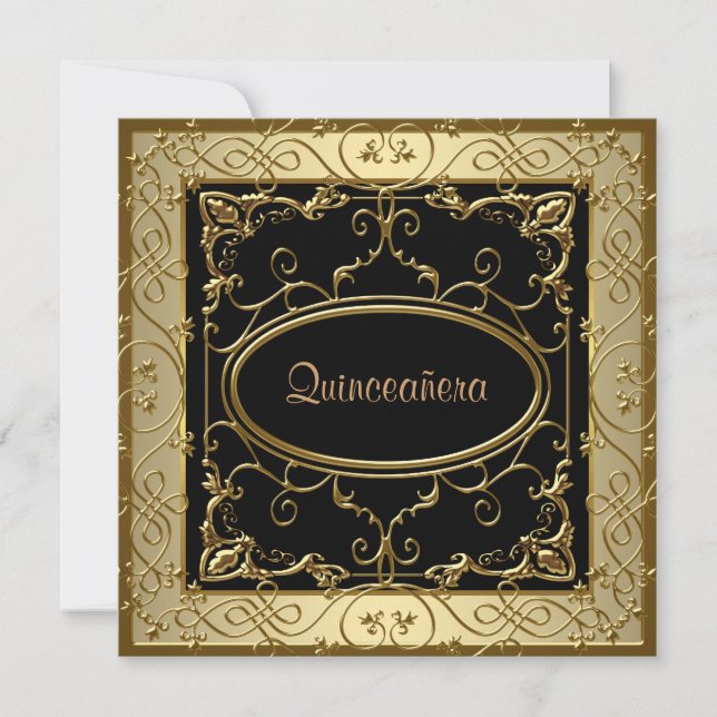 Svart och guld Quinceanera Inbjudningar (Framsida)