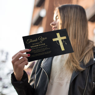 Svart och Guld Religiösa Kor och Rosary Funeral Tack Kort