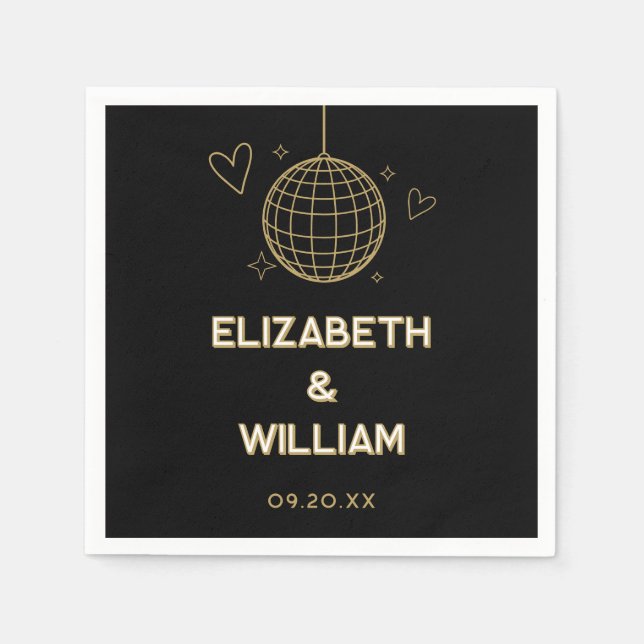 Svart och guld Retro Disco Groovy 70-tals Bröllop Pappersservett (Framsidan)