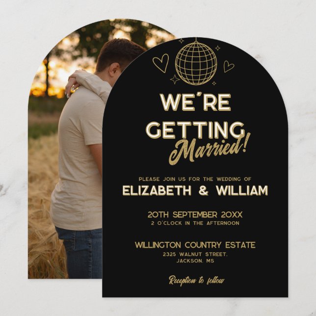 Svart och Guld Retro Disco Groovy Bröllop Photo Inbjudningar (Fram/baksida)