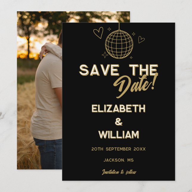 Svart och guld Retro Disco Groovy Foto Bröllop Spara Datumet (Fram/baksida)