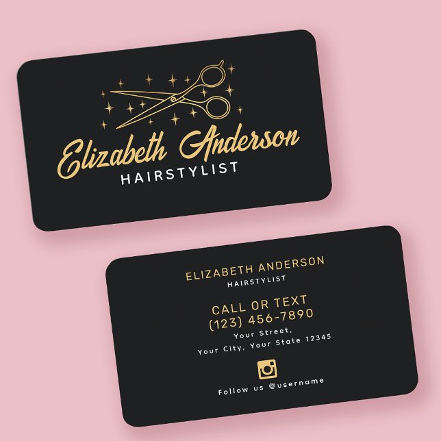 Svart och Guld Retro Typography Hairstylist Visitkort (Skapare uppladdad)