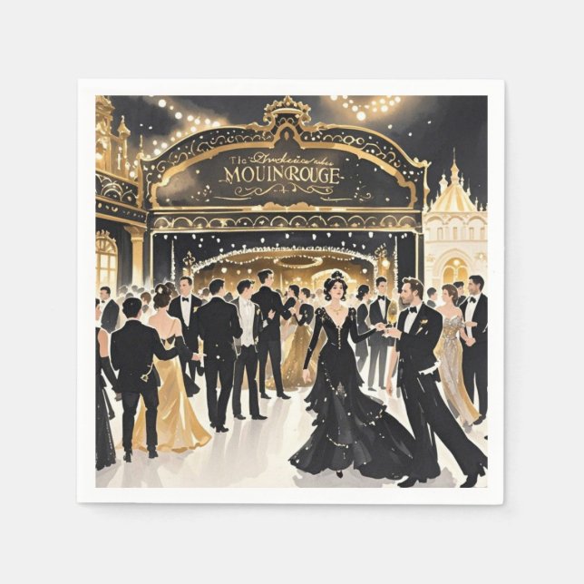 Svart och guld, Rik lyx, Moulin rouge stil Pappersservett (Framsidan)