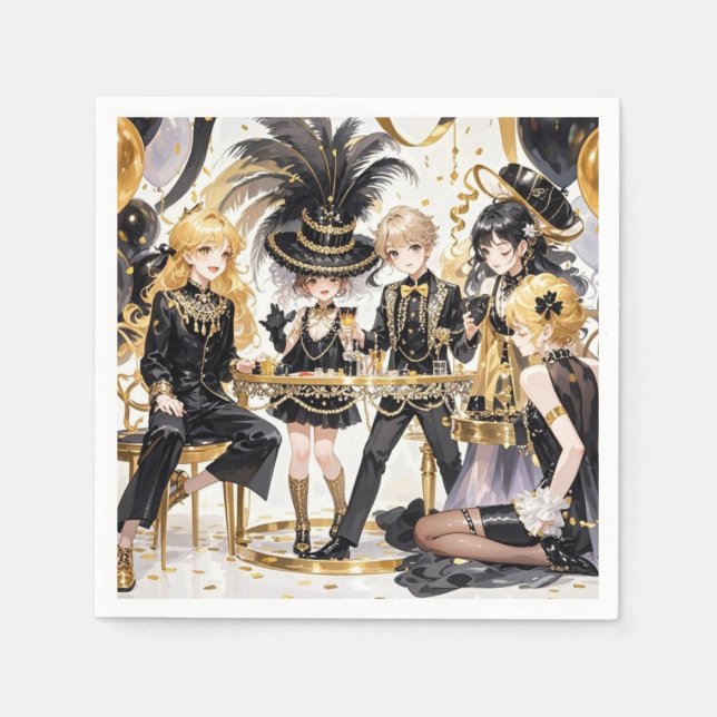 Svart och guld, Rik lyx, Moulin rouge-stil Pappersservett (Framsidan)
