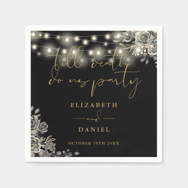 Svart och Guld Ro String Ljus Gothic Bröllop Pappersservett (Framsidan)