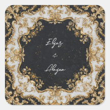 Svart och Guld Rococo Ram Bröllop Sticker