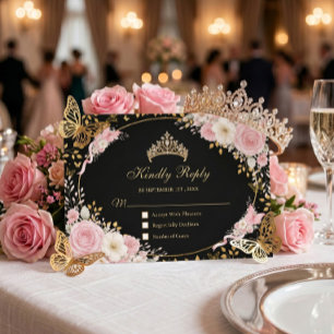Svart och guld rosenskär Quinceañera fjäril OSA Kort