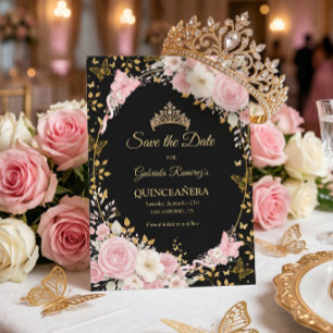 Svart och guld rosenskär Quinceañera fjäril Spara Datumet