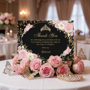 Svart och guld rosenskär Quinceañera fjäril Tack Kort