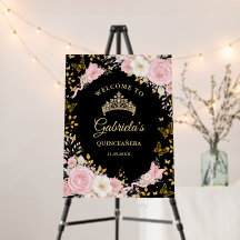 Svart och guld rosenskär Quinceañera välkomstskylt