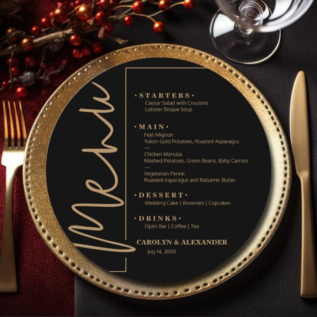 Svart och guld runt meny (Chic Black and Gold Round Menus)