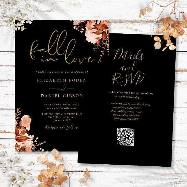 Svart och Guld Rustic Blommigt QR-koden Bröllop Inbjudningar (Black And Gold Rustic Floral QR Code Wedding Invitation)