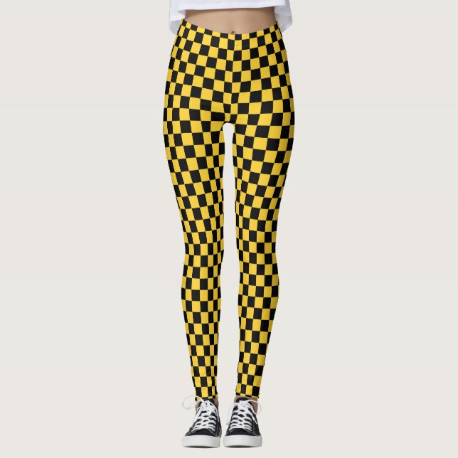 Svart och guld schackbrädemönster leggings (Framsida)