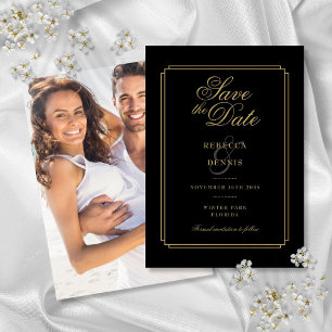 Svart och guld Script Art Deco Foto Bröllop Spara Datumet