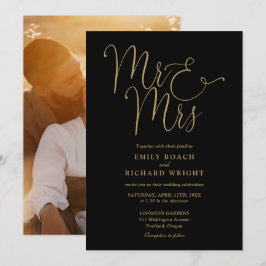 Svart och guld Script Mr och Mrs Foto Bröllop Inbjudningar