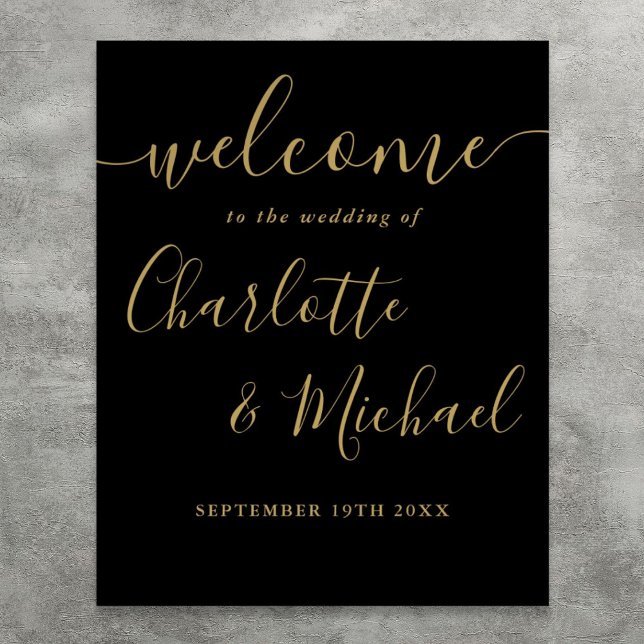 Svart och guld Script Välkomstskylt för bröllop Poster (Black And Gold Script Wedding Welcome Sign)
