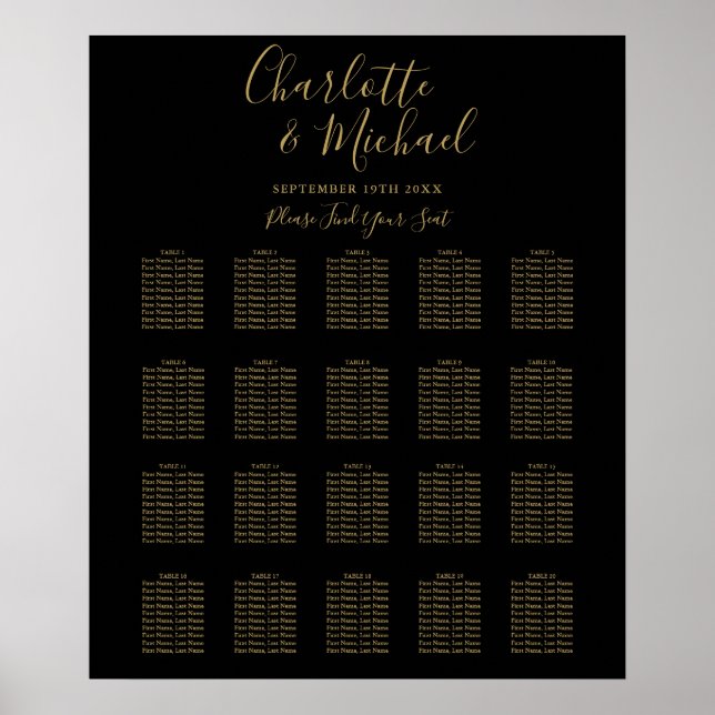 Svart och guld signatur bröllopsplatskarta poster (Framsidan)