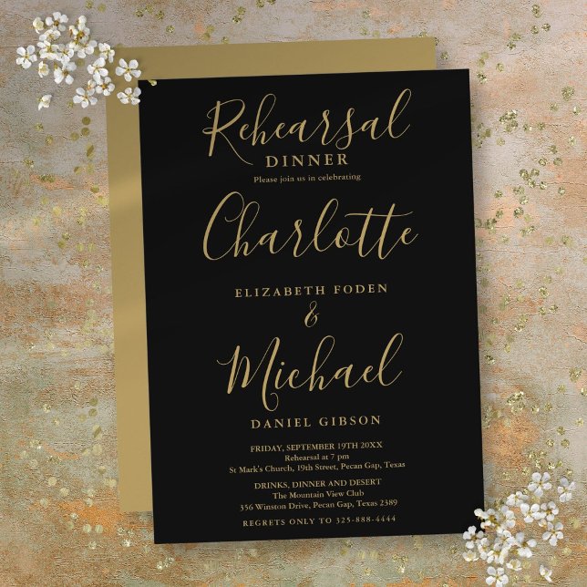 Svart och guld signerande middagsklädsel Rehearsal Inbjudningar (Black And Gold Signature Script Rehearsal Dinner Invitation)