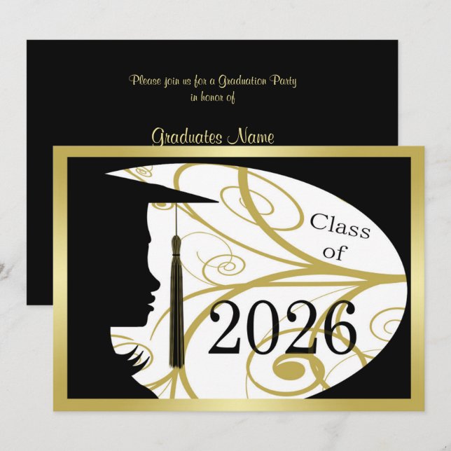 Svart och guld Siluett 2026 Examenfest Inbjudningar (Fram/baksida)
