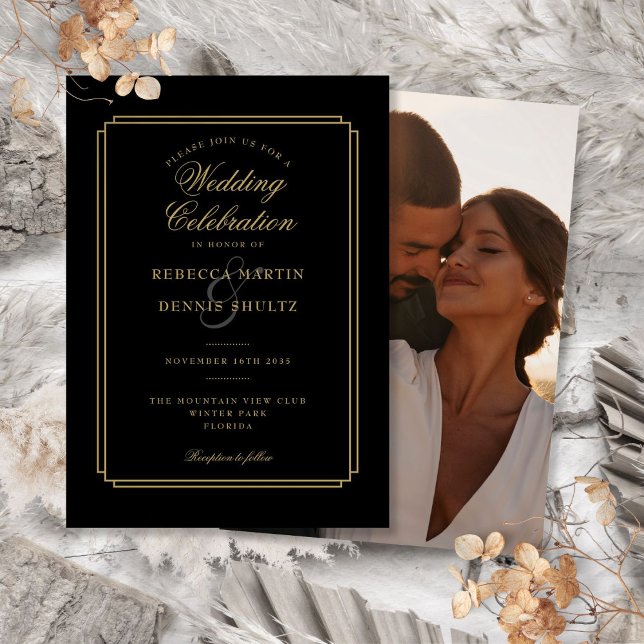 Svart och guld skript Art Deco foto bröllop Inbjudningar (Black and Gold Script Art Deco Photo Wedding Invitation)