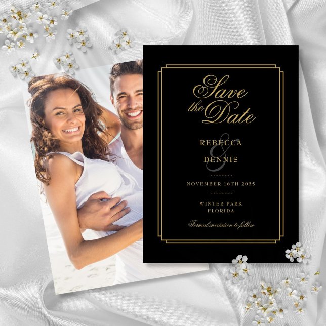 Svart och Guld-skript Art Deco Photo Bröllop Spara Datumet (Tropical Beach Wedding Stationery Collection)