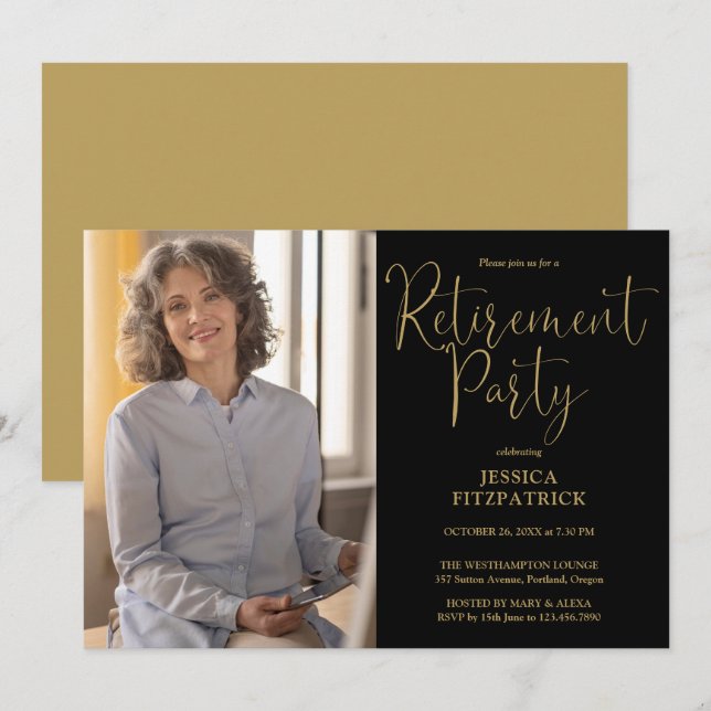 Svart och guld skript foto pensionsfest inbjudningar (Fram/baksida)