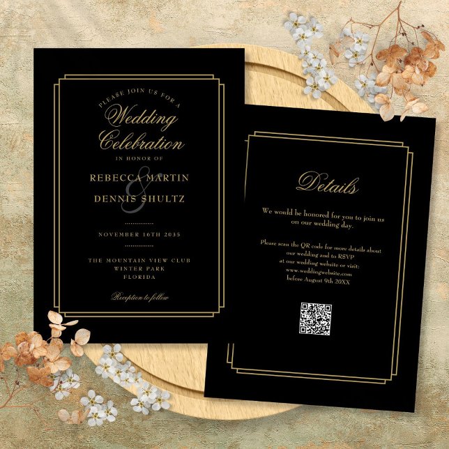 Svart och guld skript QR-kod Art Deco Bröllop Inbjudningar (Black and Gold Script QR Code Art Deco Wedding Invitation)