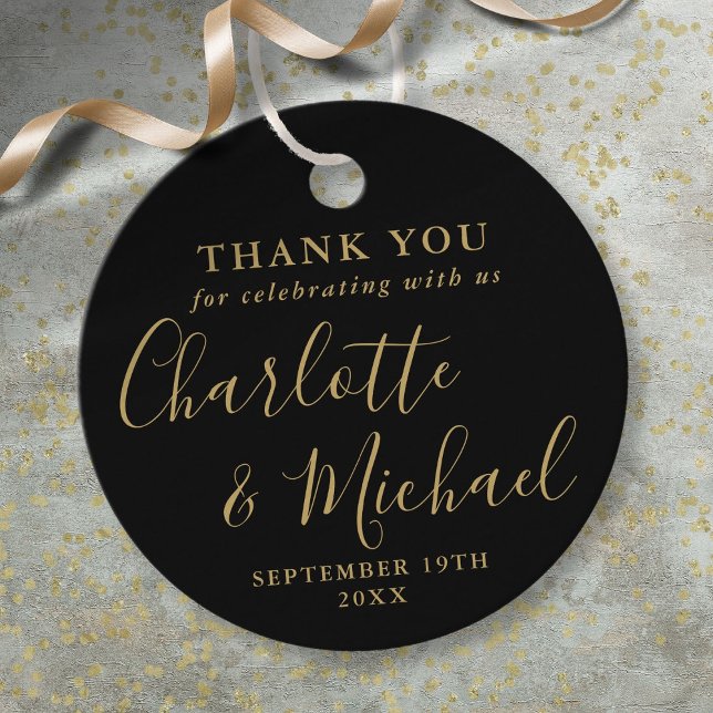 Svart och guld skript tack för bröllopet gåvor etiketter (Black And Gold Script Wedding Thank You Favor Tags)