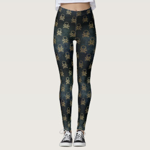 Svart och Guld Skull & Crossbone Mönster Leggings