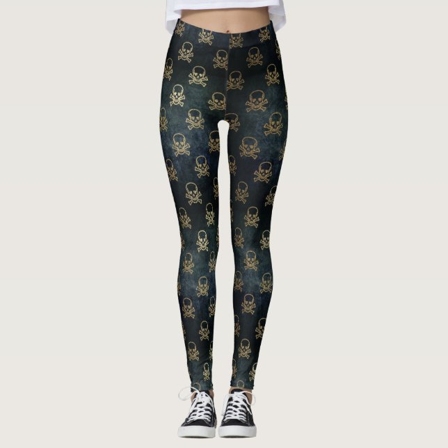 Svart och Guld Skull & Crossbone Mönster Leggings (Framsida)