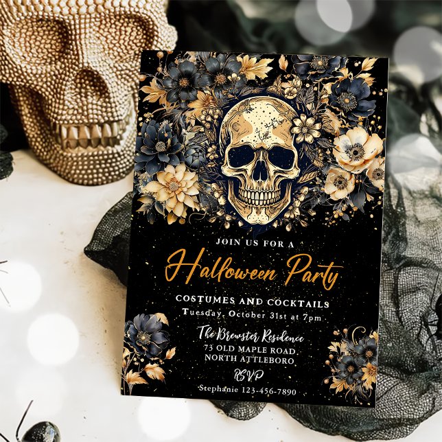 Svart och Guld Skull Halloween fest-inbjudan Inbjudningar (Skapare uppladdad)